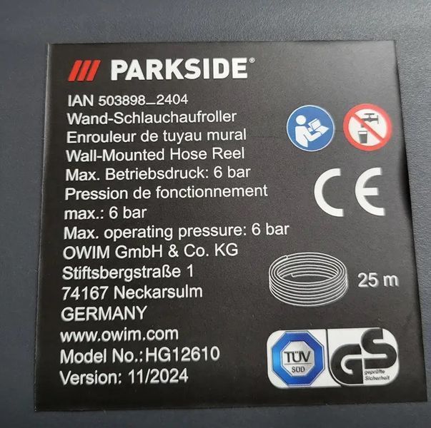 Автоматическая садовая катушка Parkside со шлангом 25 метров Германия 31453 фото