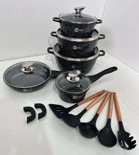Набір посуду Higher Kitchen HK-305 17 предметів з кришками з гранітним покриттям | каструлі | ківш | сковорода 745 фото