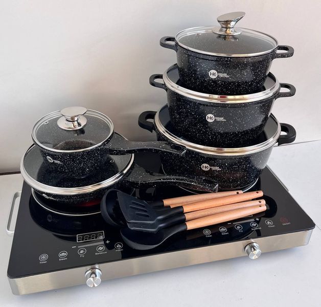 Набір посуду Higher Kitchen HK-305 17 предметів з кришками з гранітним покриттям | каструлі | ківш | сковорода 745 фото