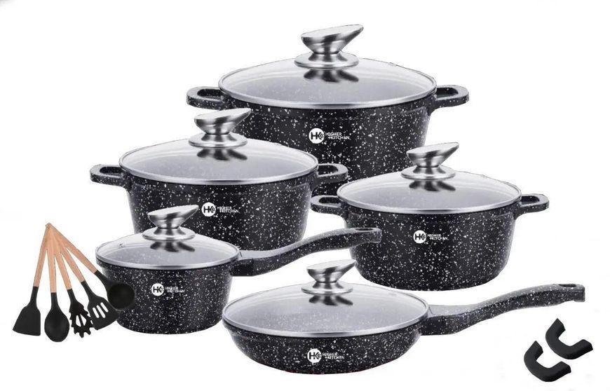 Набір посуду Higher Kitchen HK-305 17 предметів з кришками з гранітним покриттям | каструлі | ківш | сковорода 745 фото
