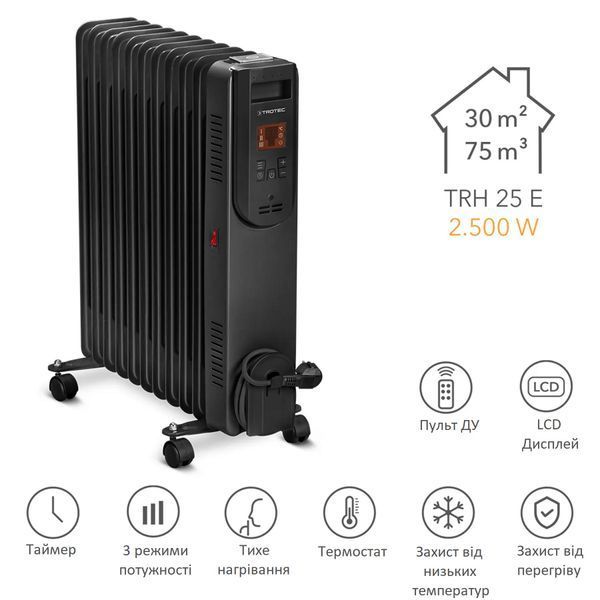 Обогреватель масляный Trotec TRH 25 E 2500W Black (1410000720) DAS2766 фото